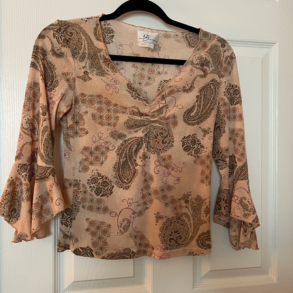 Vintage Y2K Mesh Bell Sleeve Paisley Top